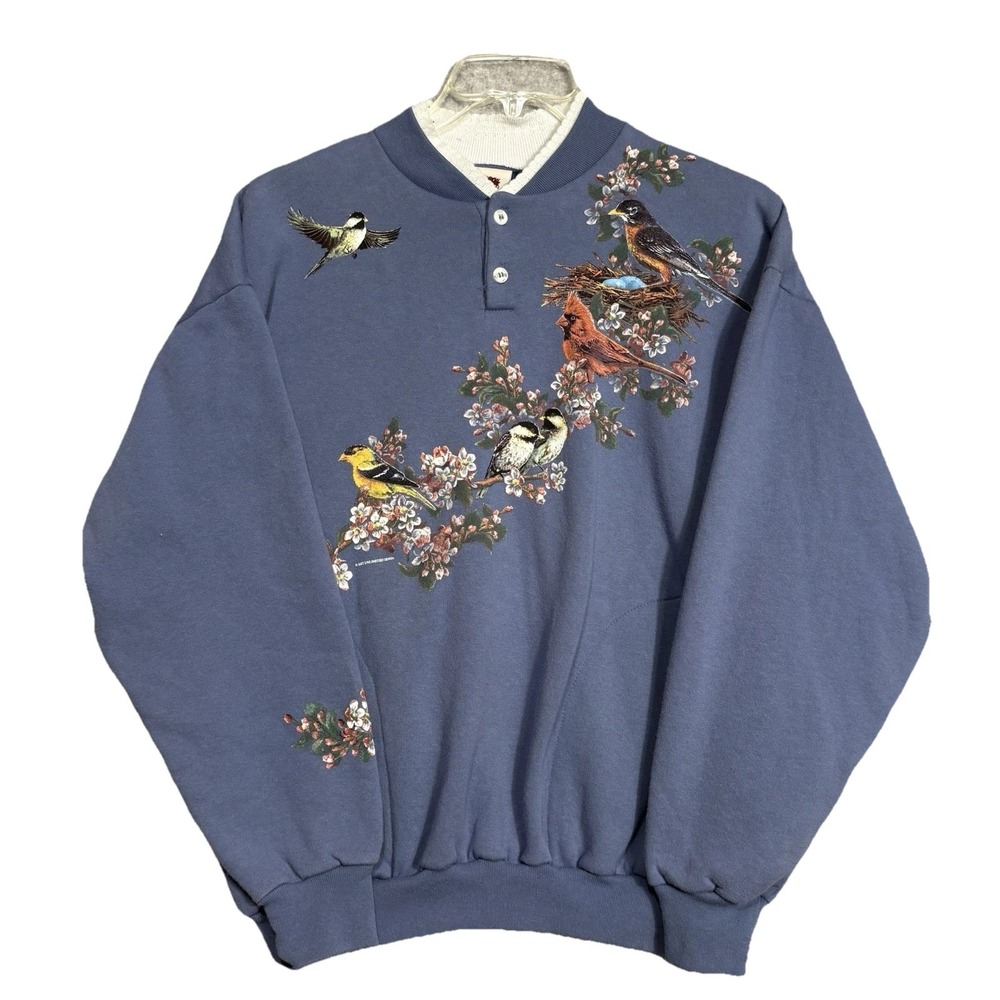 Vintage 90s Art Unlimited Sweatshirt Womens Large All Over Print Birds Henley